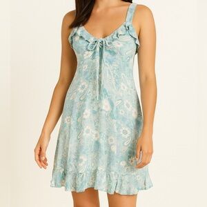 SO Mini Dress Y2K Babydoll Floral Paisley Tie Front Blue Green Sleeveless M